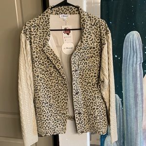 Macaron Leopard Print Denim Jacket with Tan Knit Sleeves Neutrals Size Large NWT